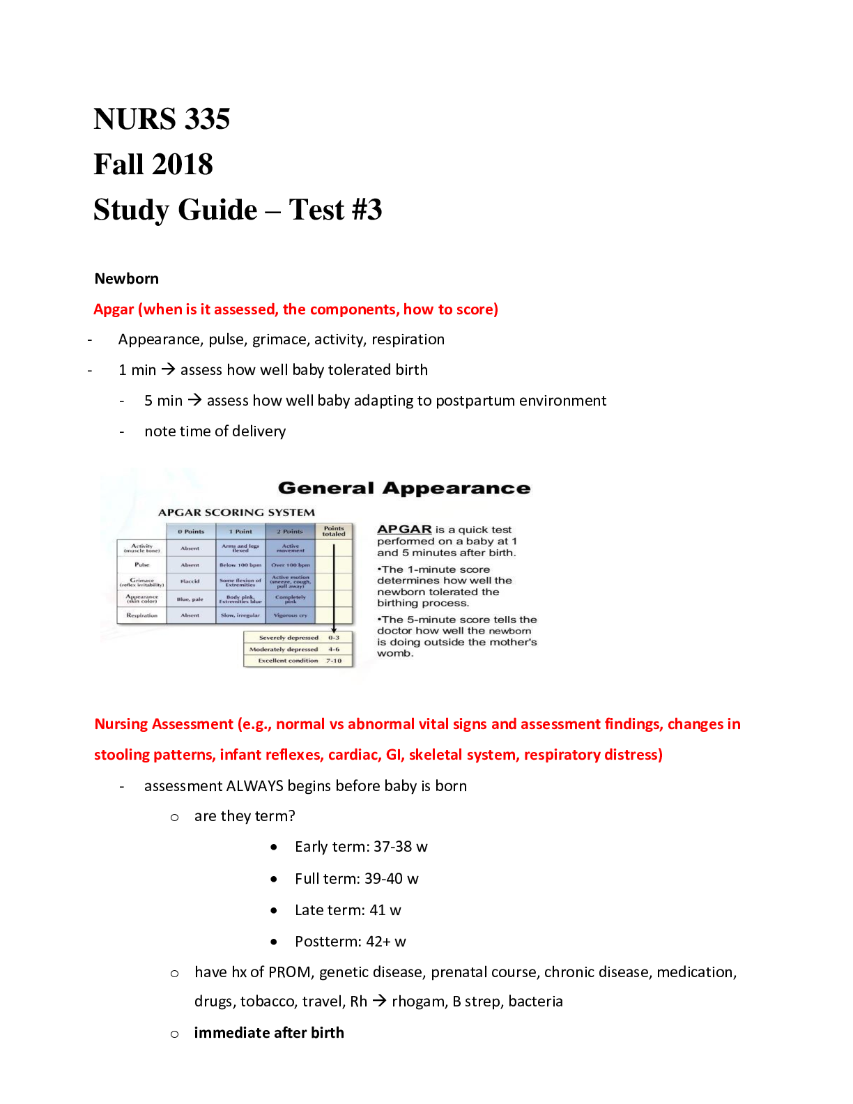 Preview of NURS 335 Study Guide Test 3 Fall 2022